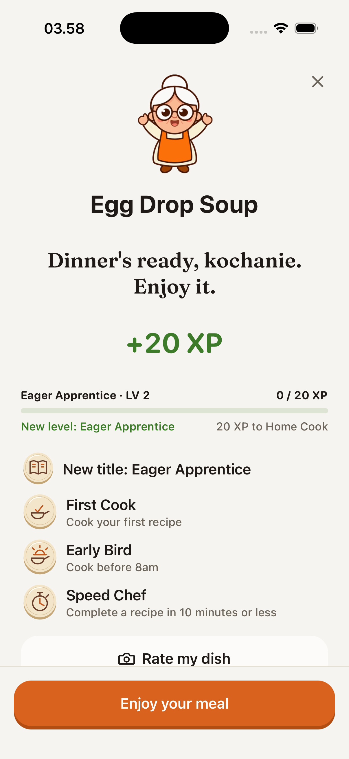 The completion screen: "Dinner’s ready, kochanie. Enjoy it.", +20 XP and new badges.