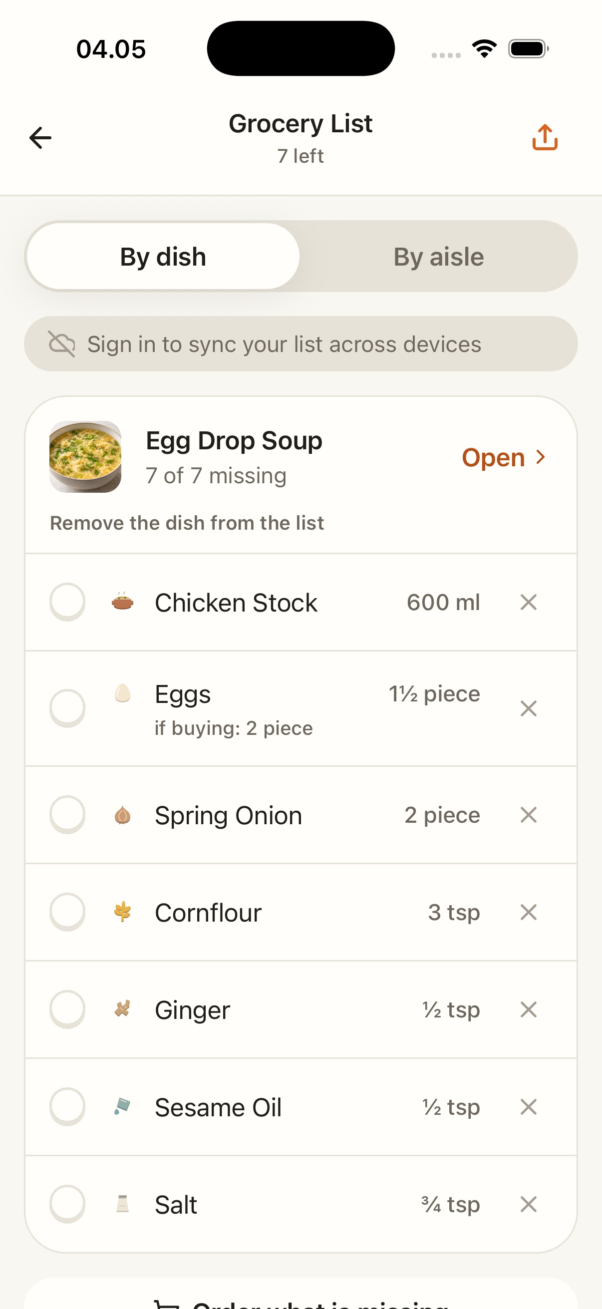 The grocery list by dish: Egg Drop Soup, seven ingredients with amounts.