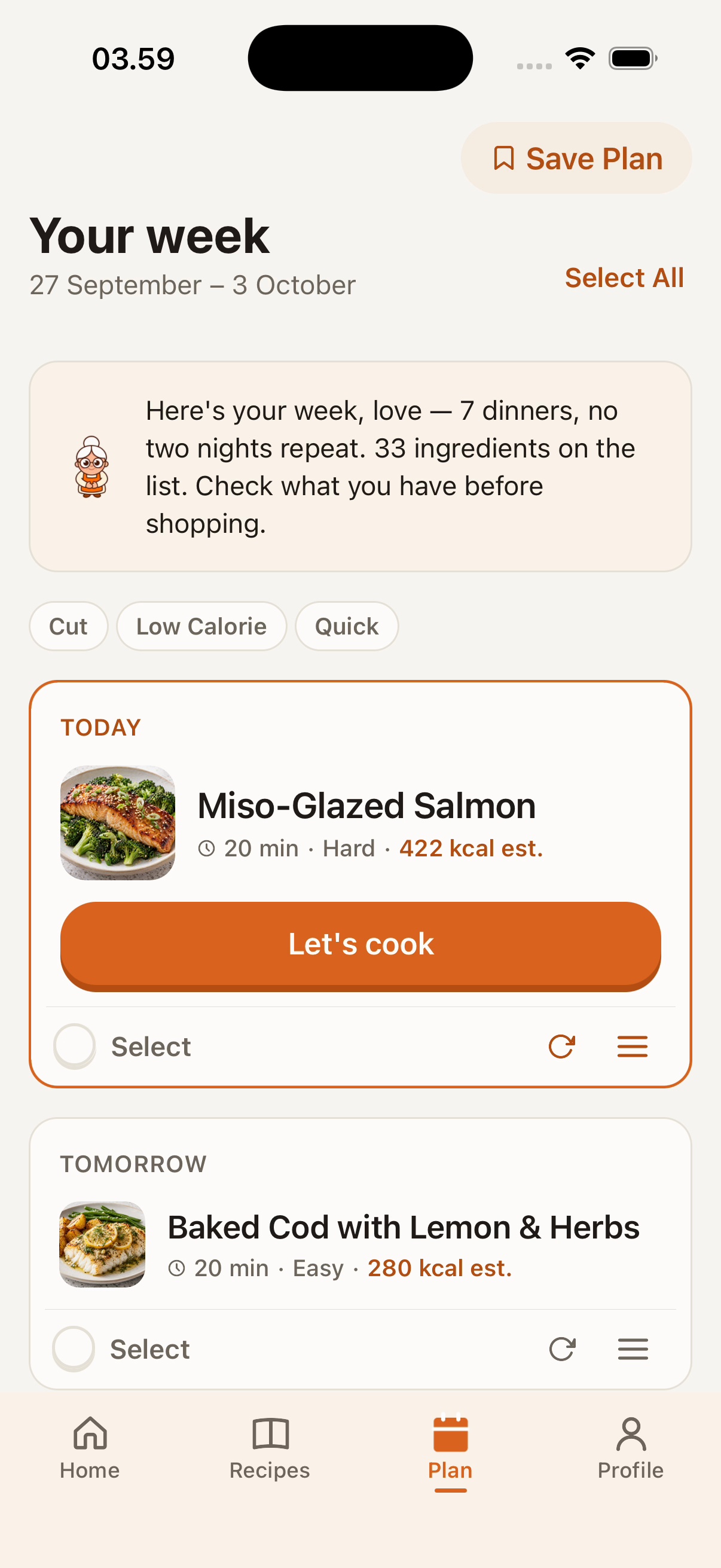 The "Your week" plan: seven dinners, today is miso-glazed salmon.