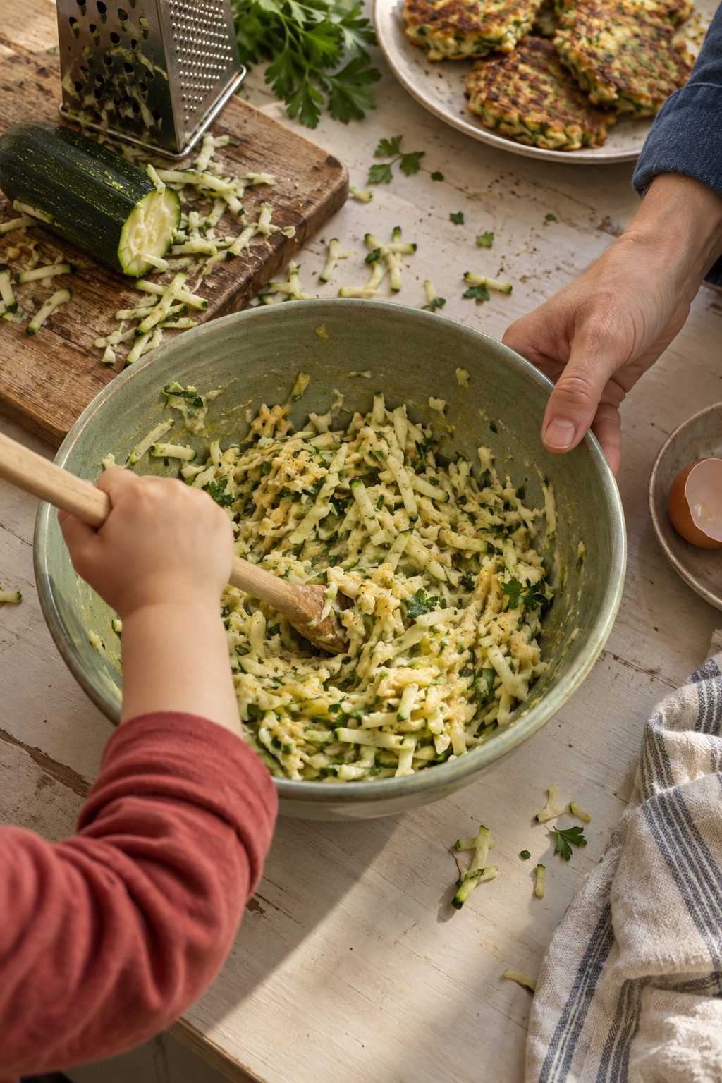 A child stirs grated vegetables while an adult steadies the bowl. AI-generated illustration of cooking together.