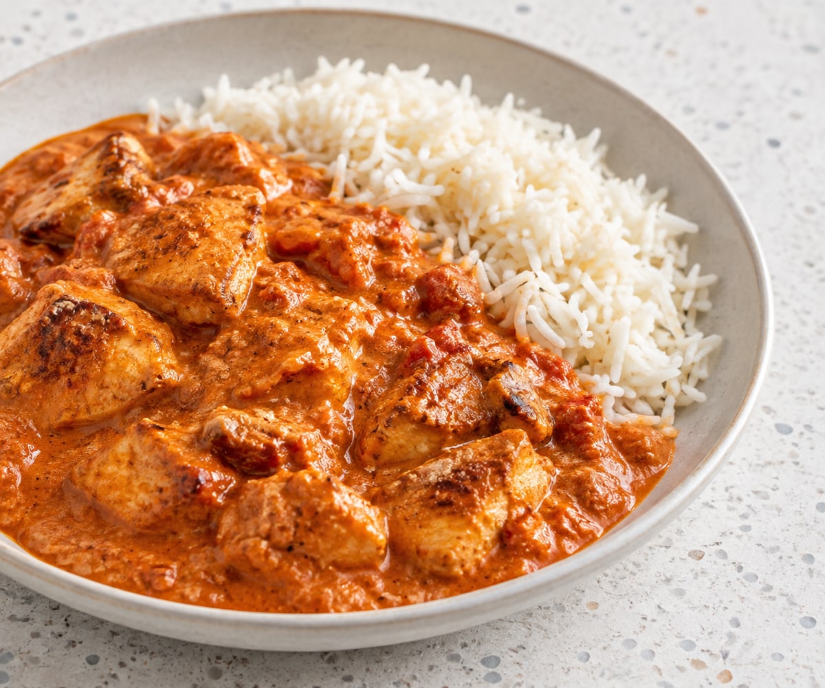 Butter chicken. AI-generated serving suggestion.