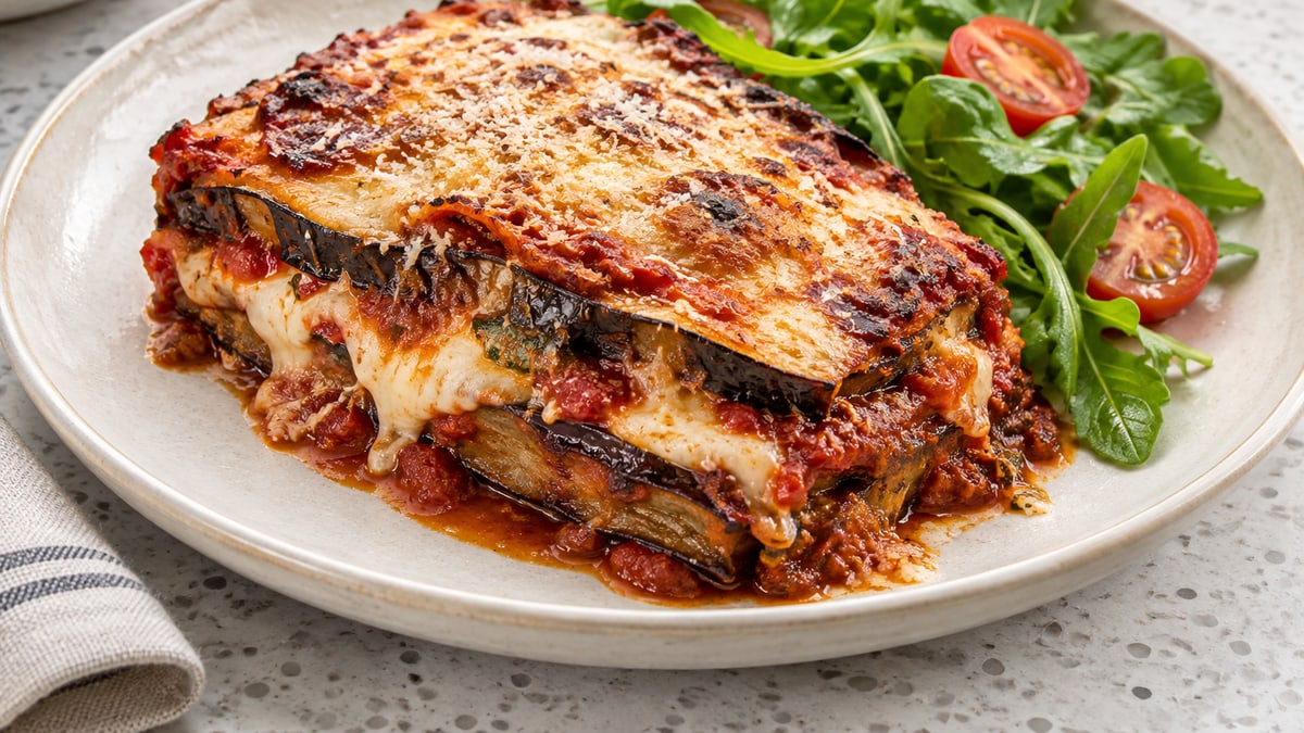 Aubergine Parmigiana, cooked and served. A generated image, not a photograph.