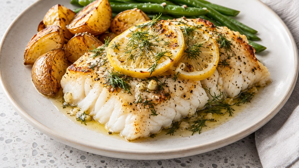 Baked Cod with Lemon & Herbs, cooked and served. A generated image, not a photograph.
