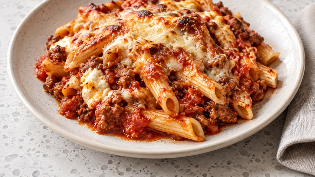 Baked Ziti, cooked and served. A generated image, not a photograph.