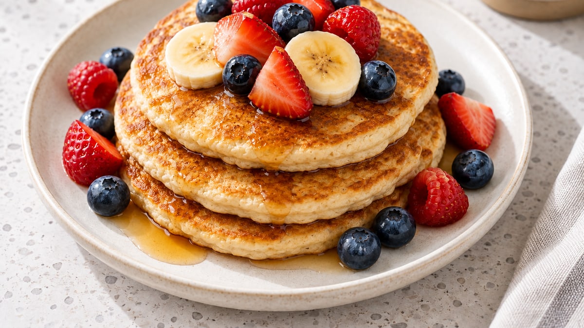 Banana Oat Protein Pancakes, cooked and served. A generated image, not a photograph.