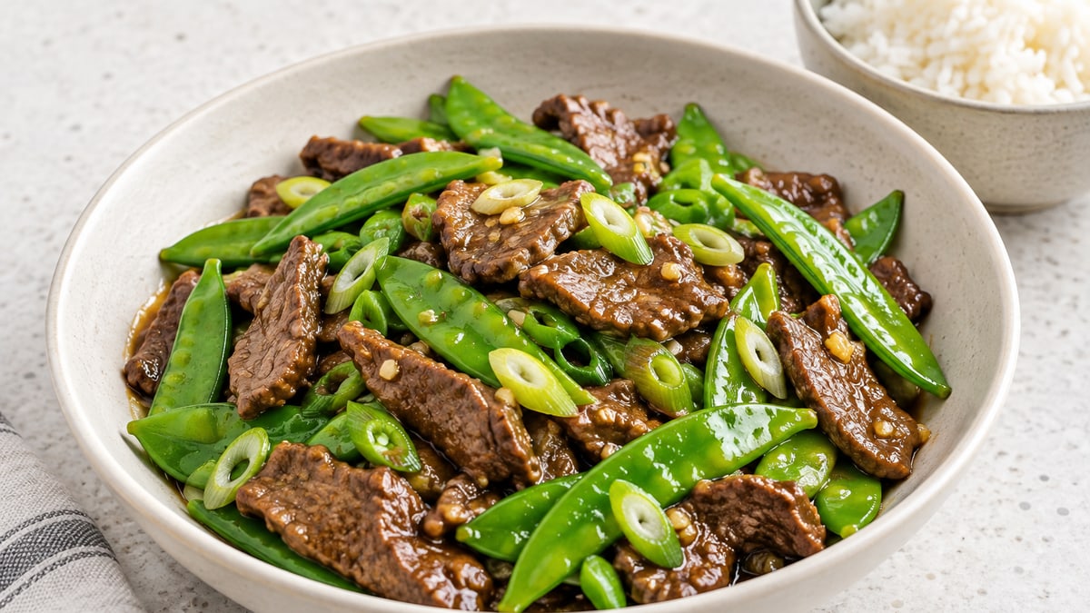 Beef Stir Fry with Snow Peas, cooked and served. A generated image, not a photograph.