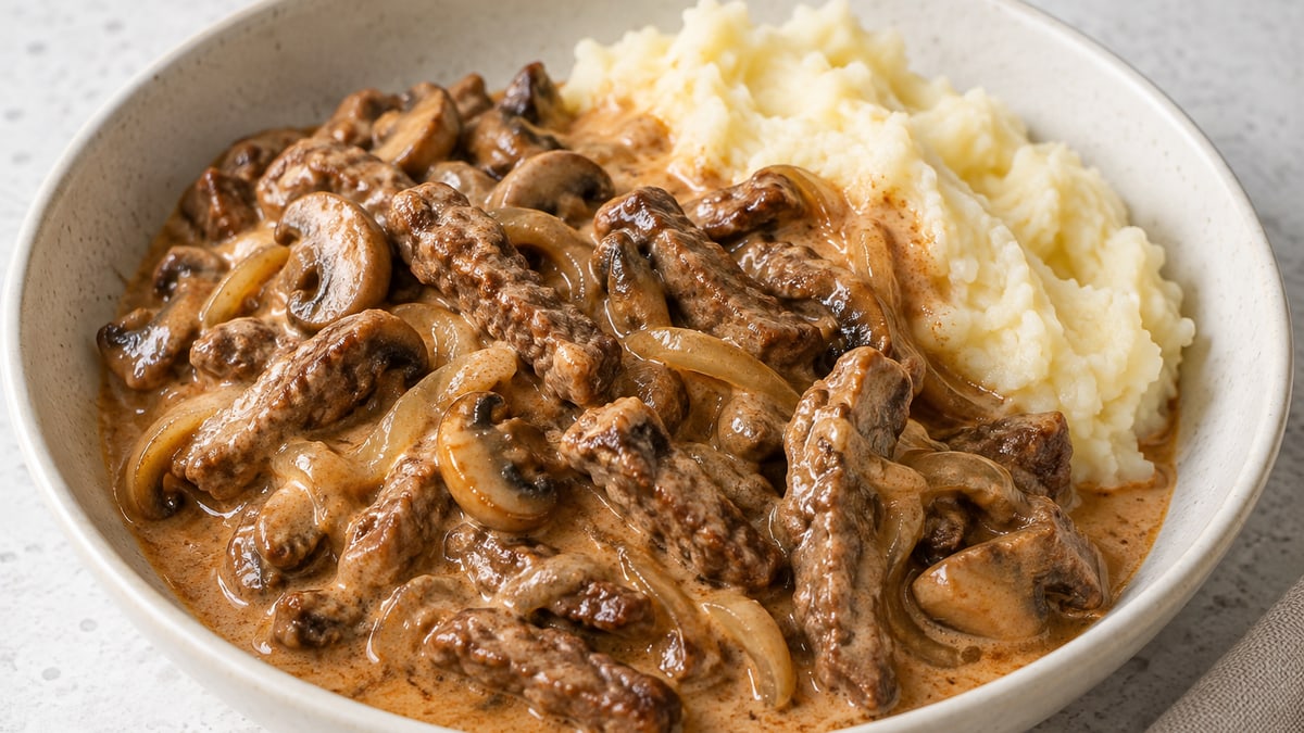 Beef Stroganoff, cooked and served. A generated image, not a photograph.