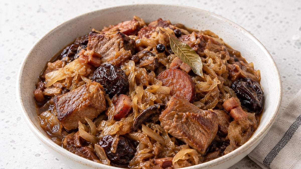 Bigos (Polish Hunter's Stew), cooked and served. A generated image, not a photograph.
