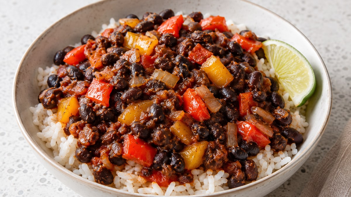 Smoky Black Bean Rice Bowl, cooked and served. A generated image, not a photograph.