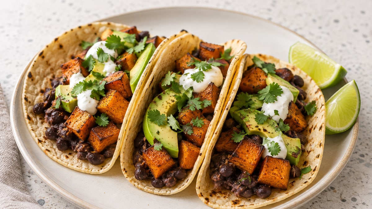Black Bean & Sweet Potato Tacos, cooked and served. A generated image, not a photograph.