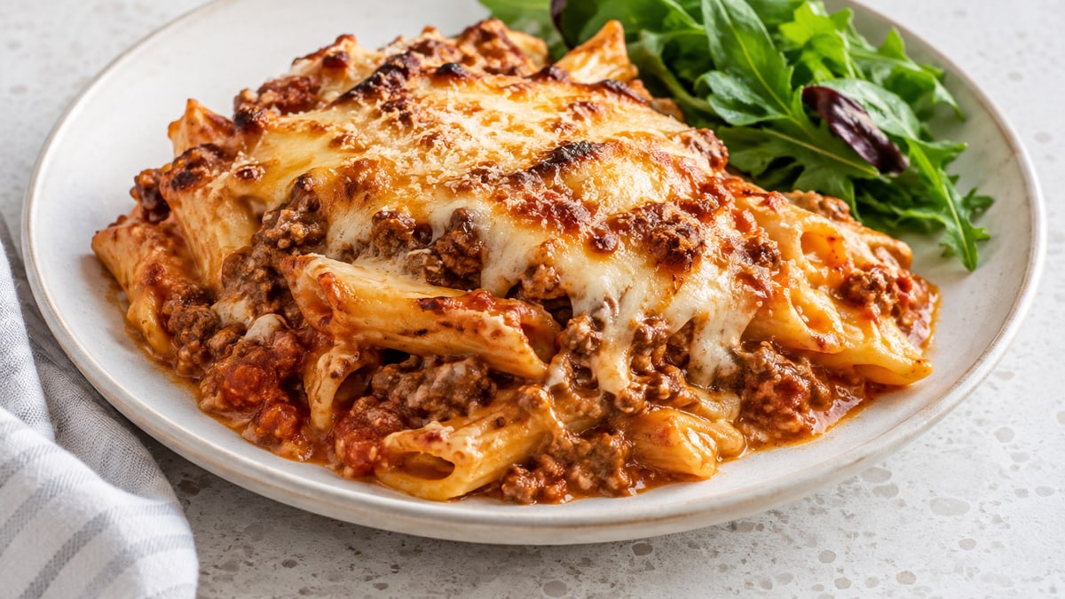 Bolognese Pasta Bake, cooked and served. A generated image, not a photograph.