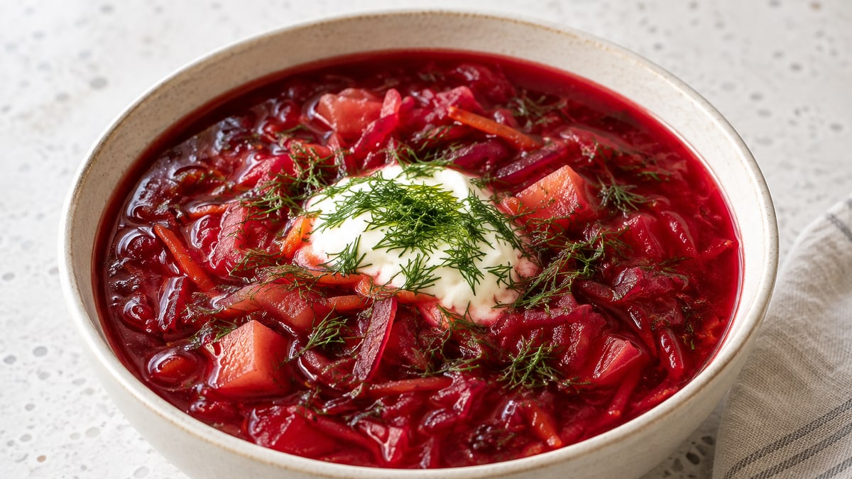 Babcio's Borscht, cooked and served. A generated image, not a photograph.
