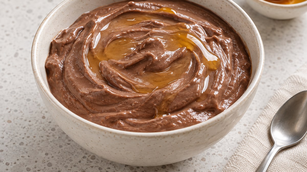 Casein Cocoa Pudding, cooked and served. A generated image, not a photograph.