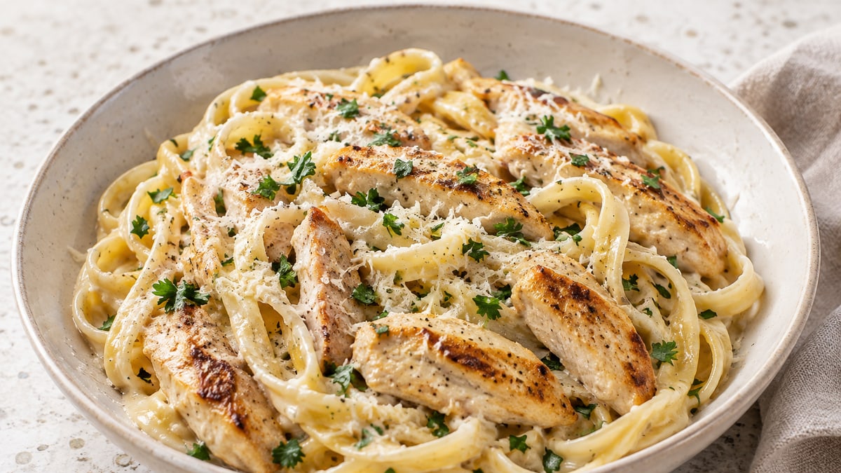 Chicken Alfredo, cooked and served. A generated image, not a photograph.