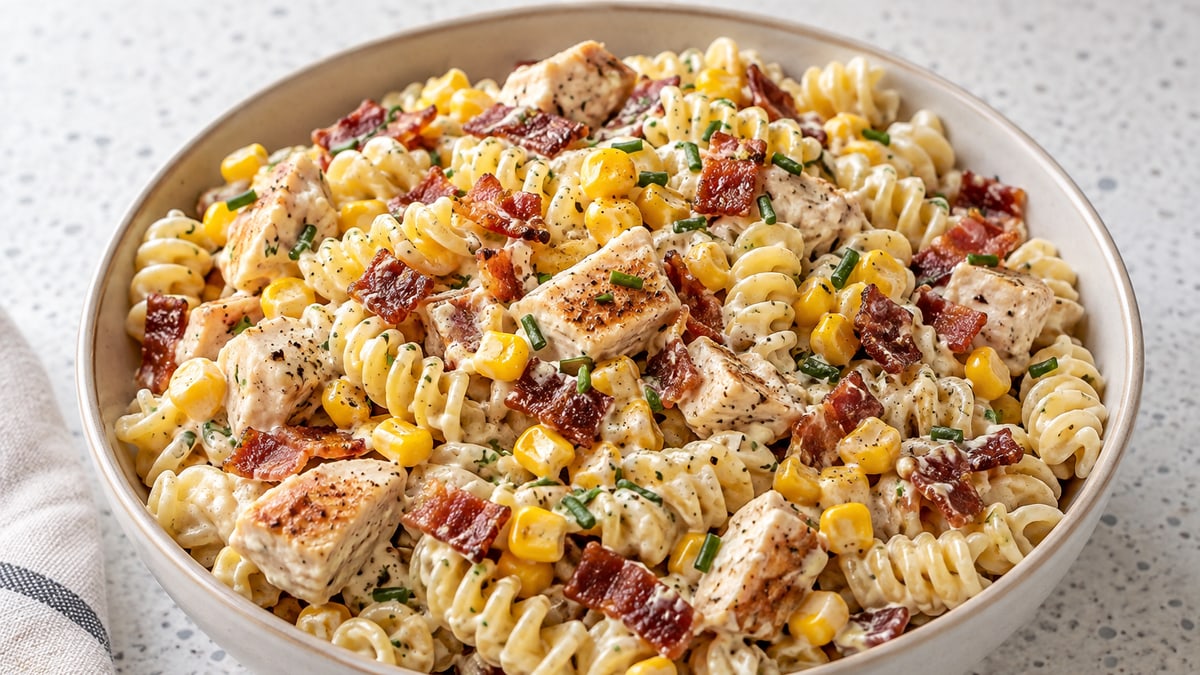 Chicken, Bacon & Sweetcorn Pasta Salad, cooked and served. A generated image, not a photograph.