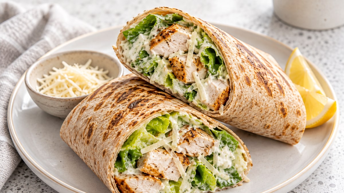 Light Chicken Caesar Wrap, cooked and served. A generated image, not a photograph.
