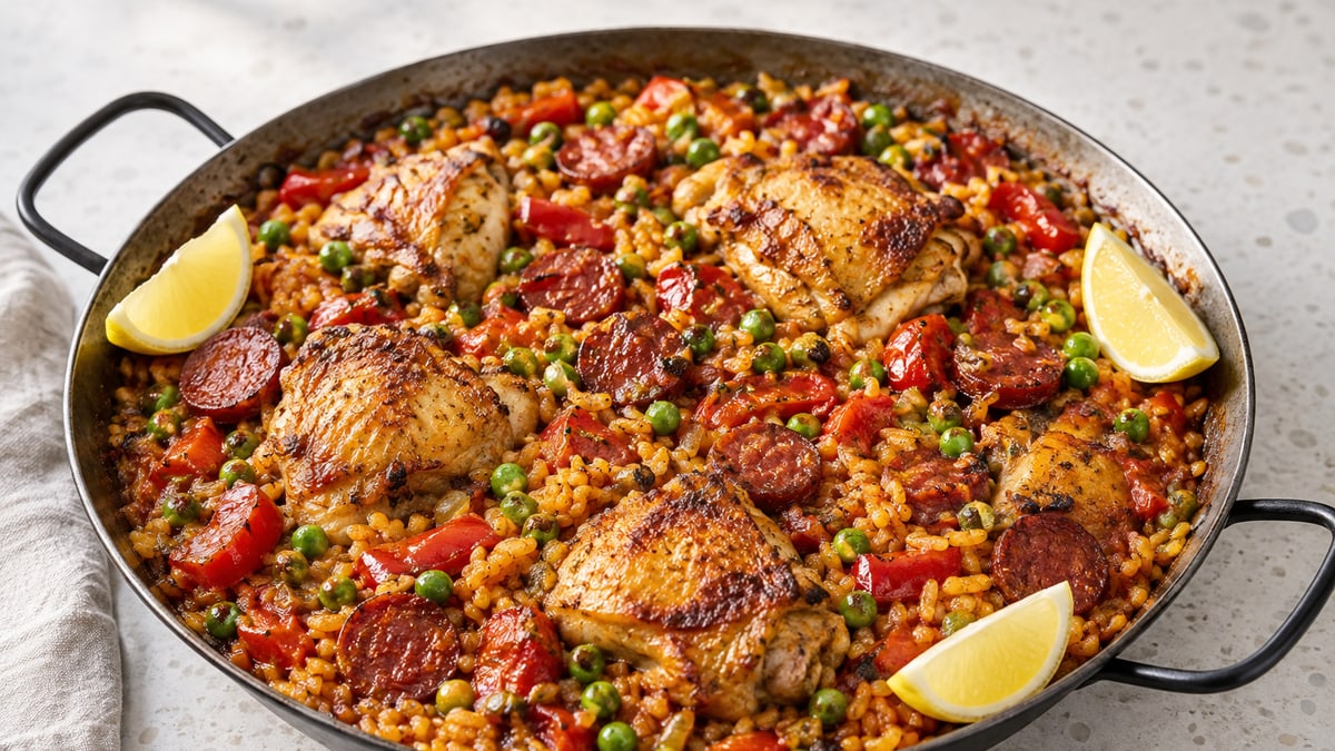 Chicken & Chorizo Paella, cooked and served. A generated image, not a photograph.