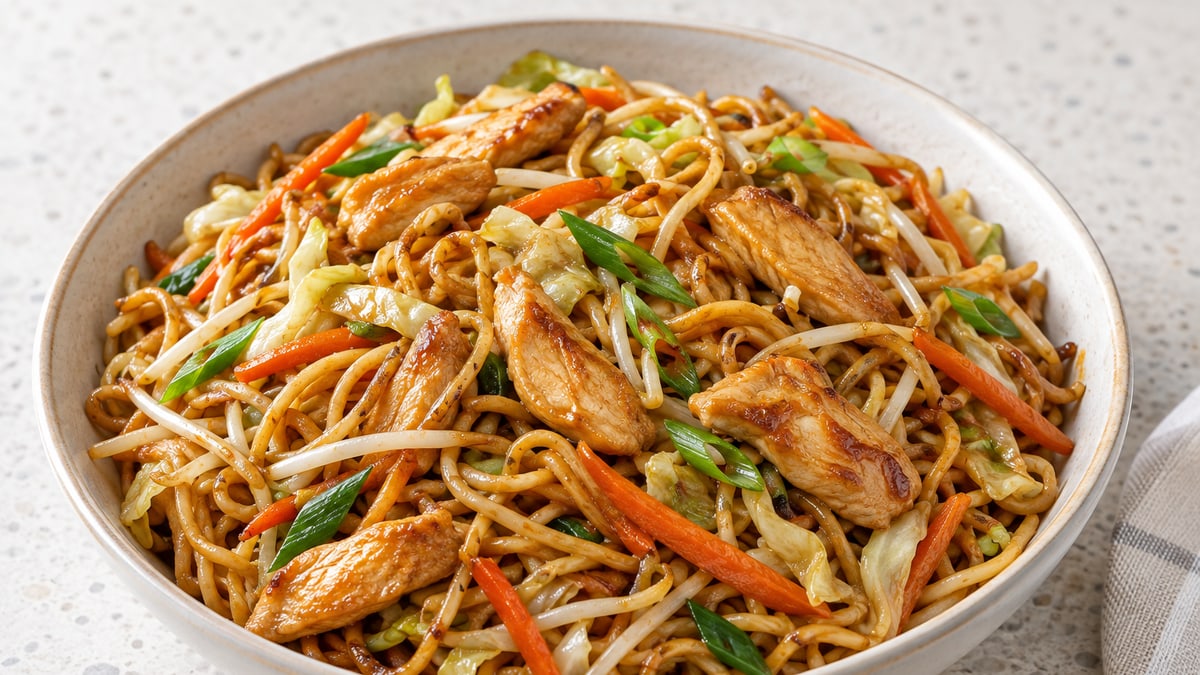 Chicken Chow Mein, cooked and served. A generated image, not a photograph.