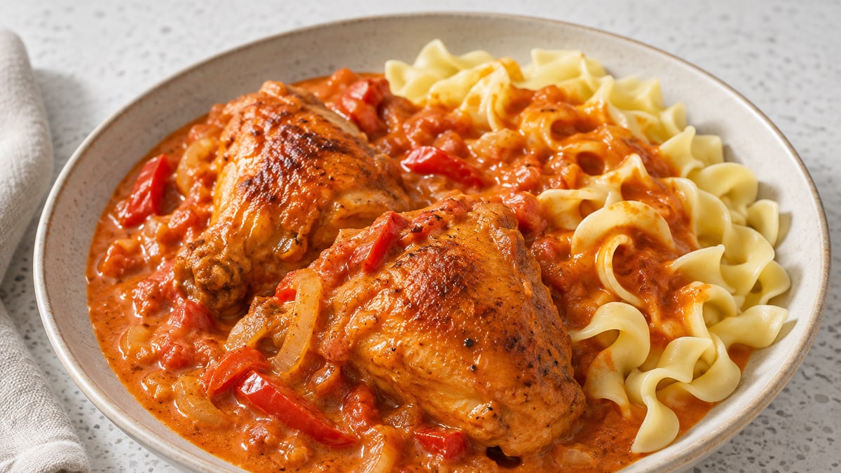 Chicken Paprikash, cooked and served. A generated image, not a photograph.