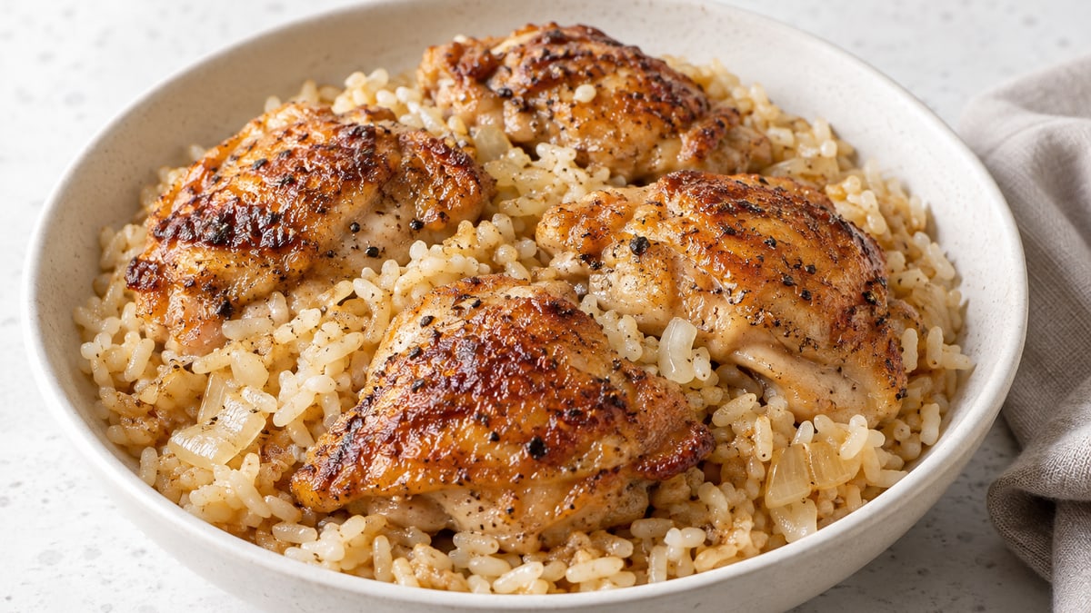 Garlic Butter Chicken & Rice, cooked and served. A generated image, not a photograph.