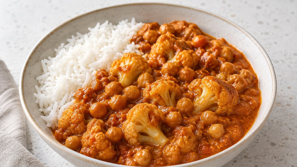 Chickpea & Cauliflower Masala, cooked and served. A generated image, not a photograph.