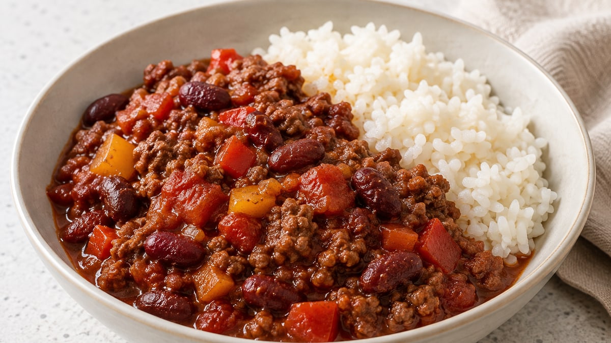 Chili con Carne, cooked and served. A generated image, not a photograph.