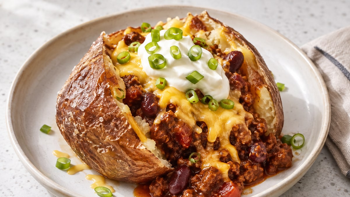 Chilli Jacket Potatoes, cooked and served. A generated image, not a photograph.