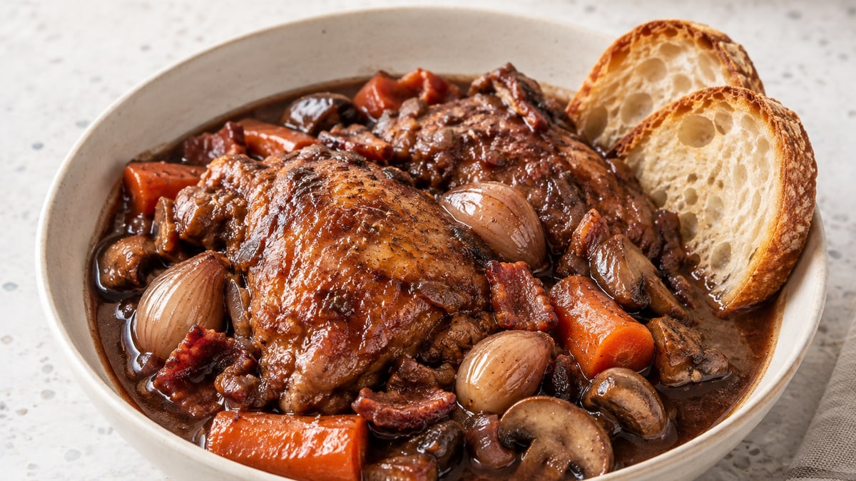 Coq au Vin, cooked and served. A generated image, not a photograph.