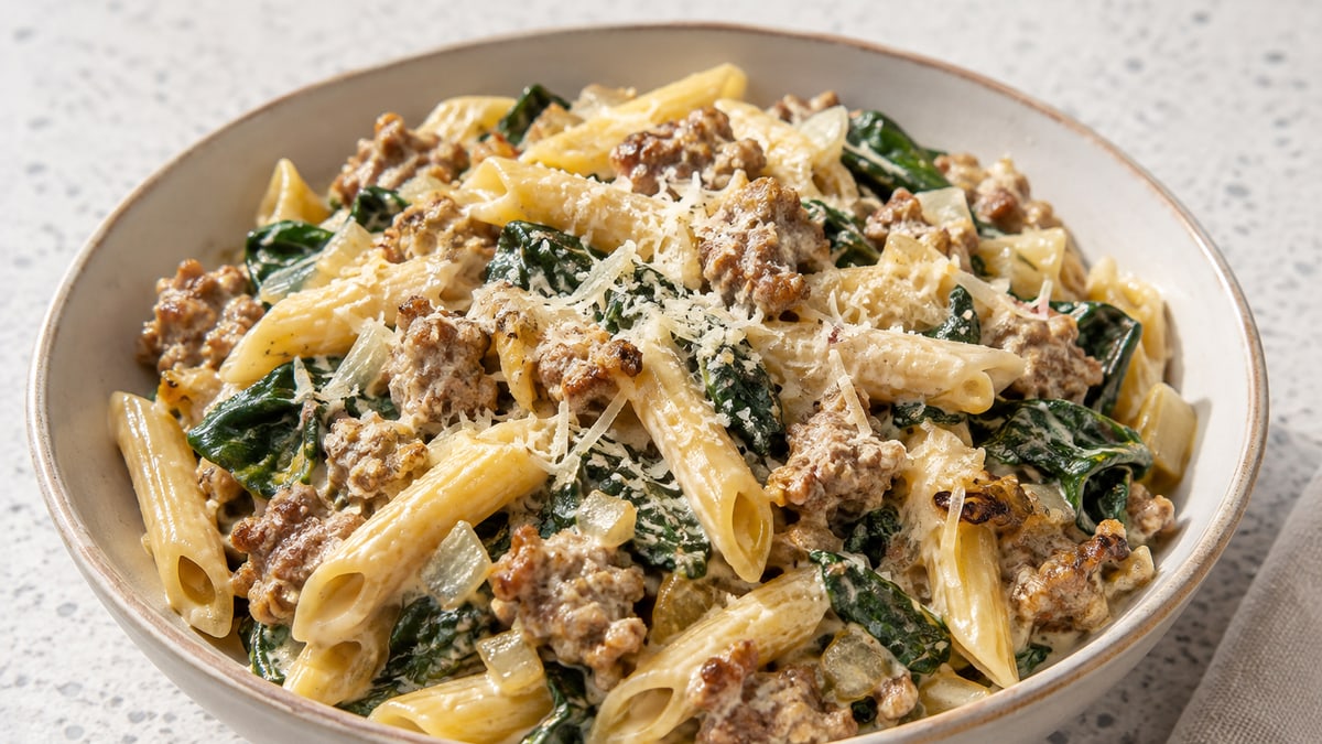 Creamy Sausage & Spinach Pasta, cooked and served. A generated image, not a photograph.
