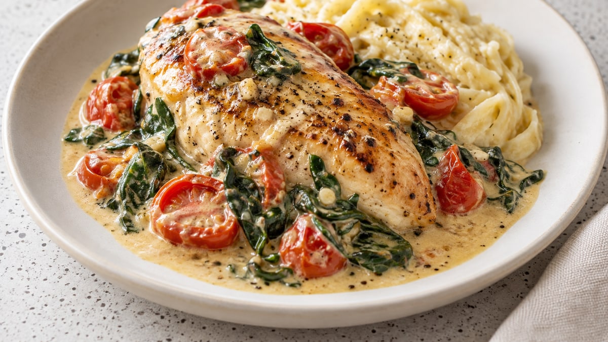 Creamy Tuscan Chicken, cooked and served. A generated image, not a photograph.