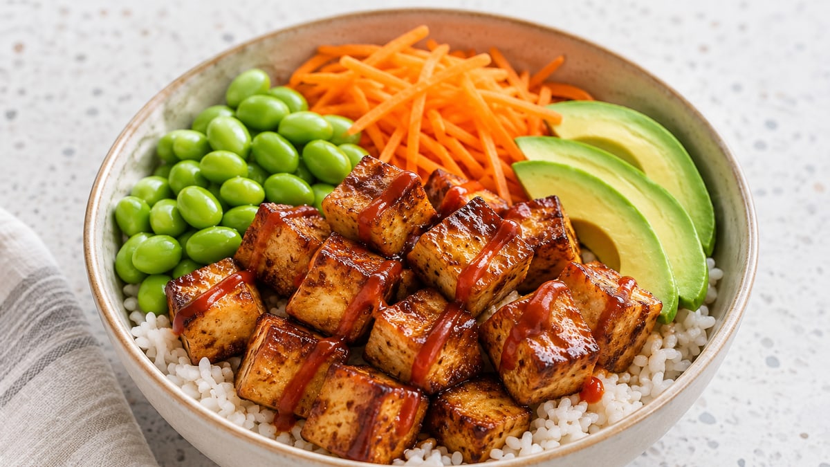 Crispy Tofu Buddha Bowl, cooked and served. A generated image, not a photograph.