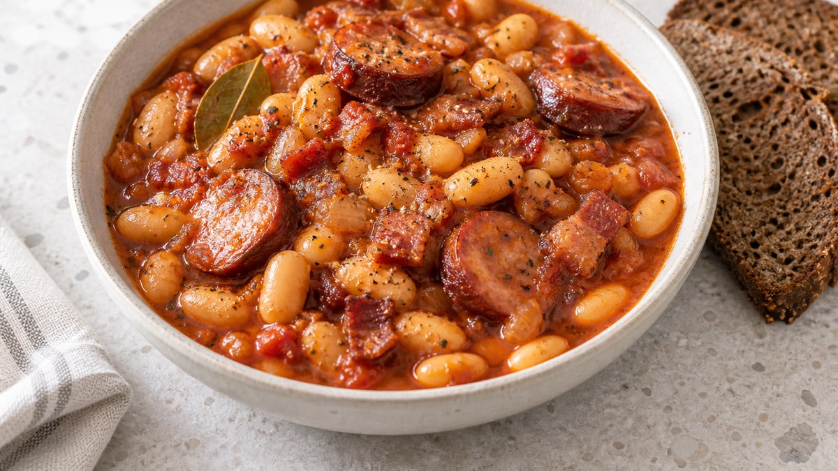 Fasolka po Bretońsku (Polish Beans & Sausage), cooked and served. A generated image, not a photograph.