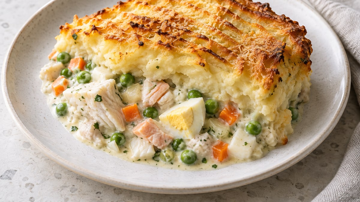 Fish Pie, cooked and served. A generated image, not a photograph.