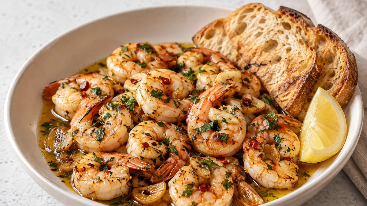 Garlic Prawns, cooked and served. A generated image, not a photograph.