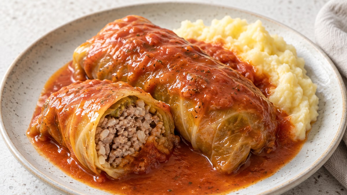 Gołąbki (Polish Cabbage Rolls), cooked and served. A generated image, not a photograph.