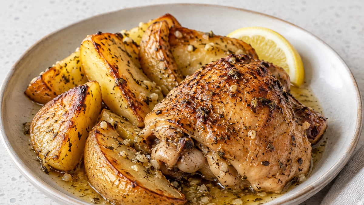 Greek Lemon Chicken & Potatoes, cooked and served. A generated image, not a photograph.