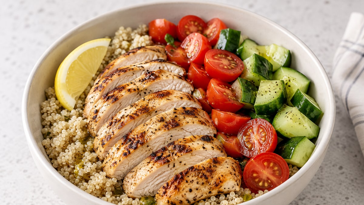 Grilled Chicken & Quinoa Bowl, cooked and served. A generated image, not a photograph.