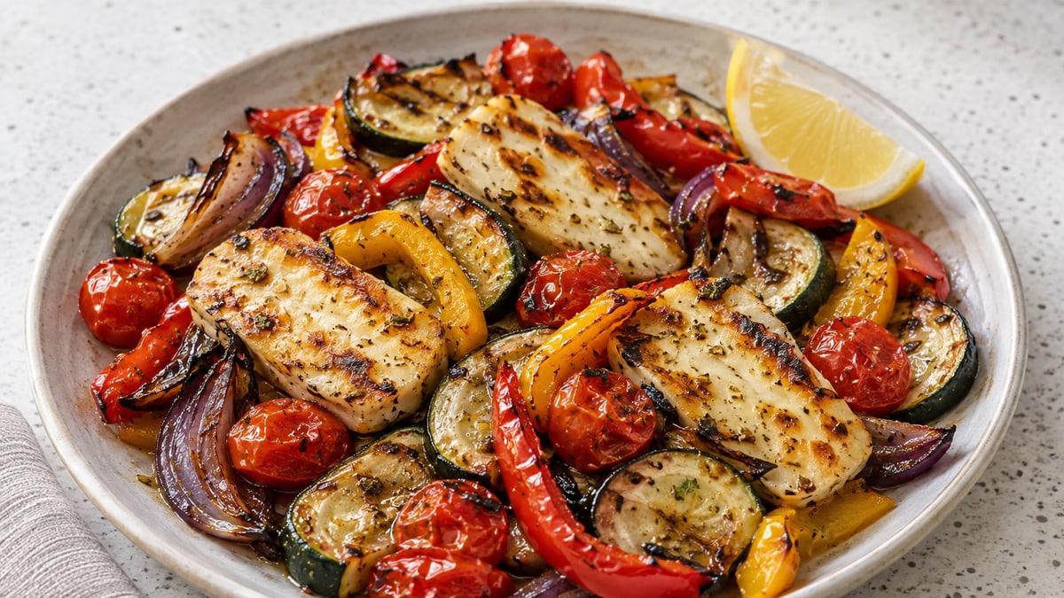 Halloumi & Roasted Vegetable Traybake, cooked and served. A generated image, not a photograph.