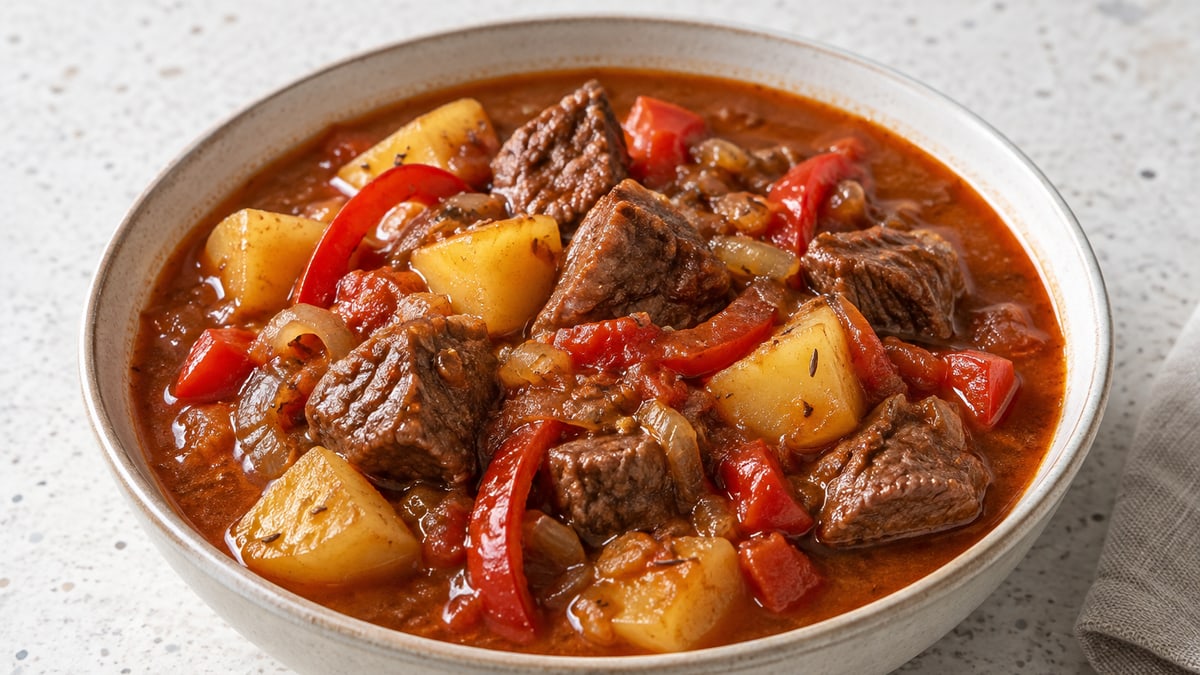 Hungarian Goulash, cooked and served. A generated image, not a photograph.