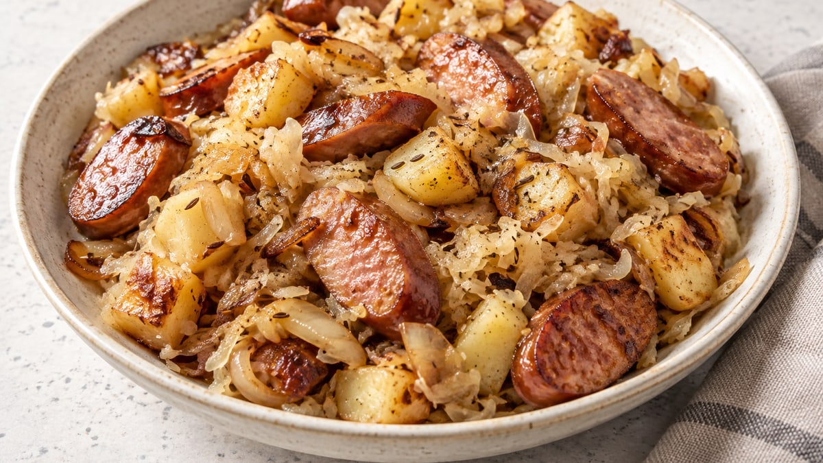 Kielbasa & Sauerkraut Skillet, cooked and served. A generated image, not a photograph.