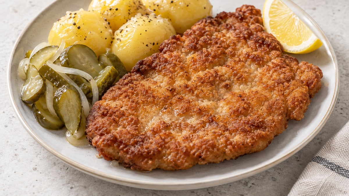 Kotlet Schabowy (Polish Pork Cutlet). AI-generated serving suggestion.