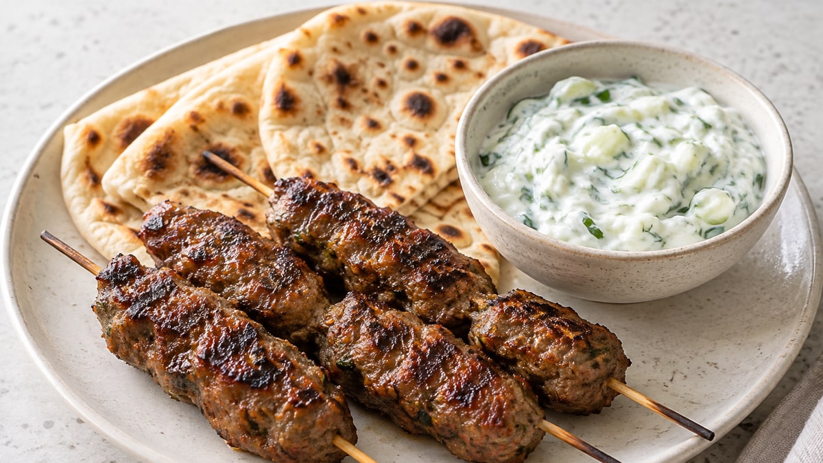 Lamb Kofta with Tzatziki, cooked and served. A generated image, not a photograph.