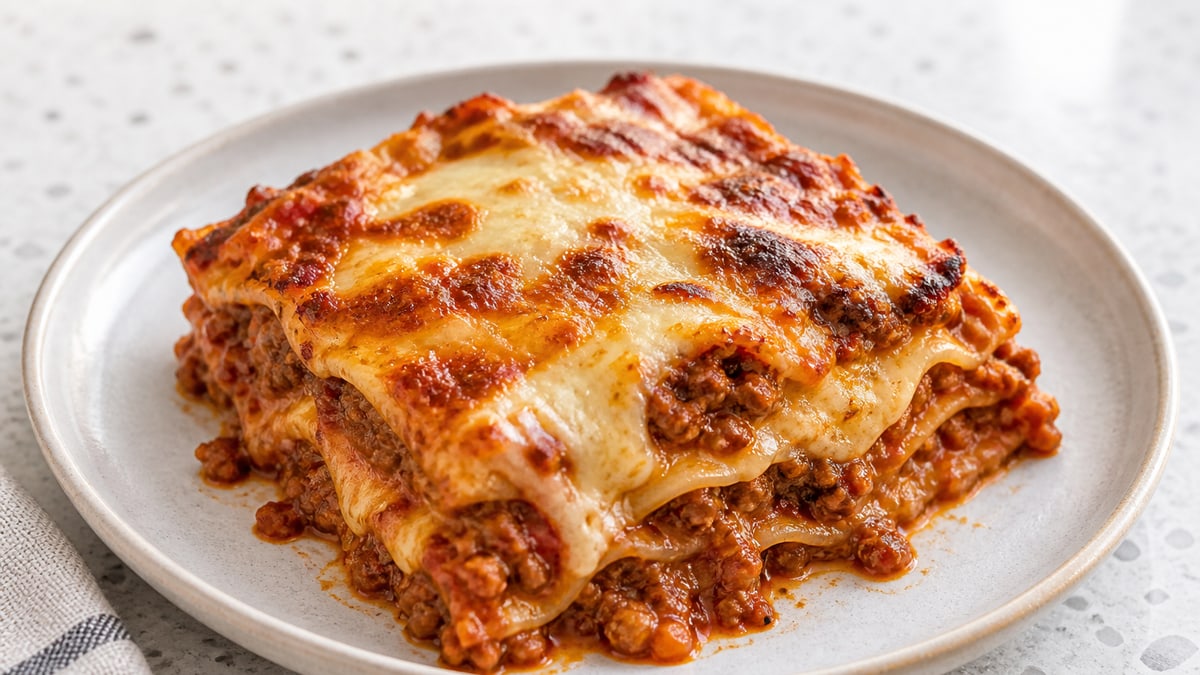 Lasagna, cooked and served. A generated image, not a photograph.