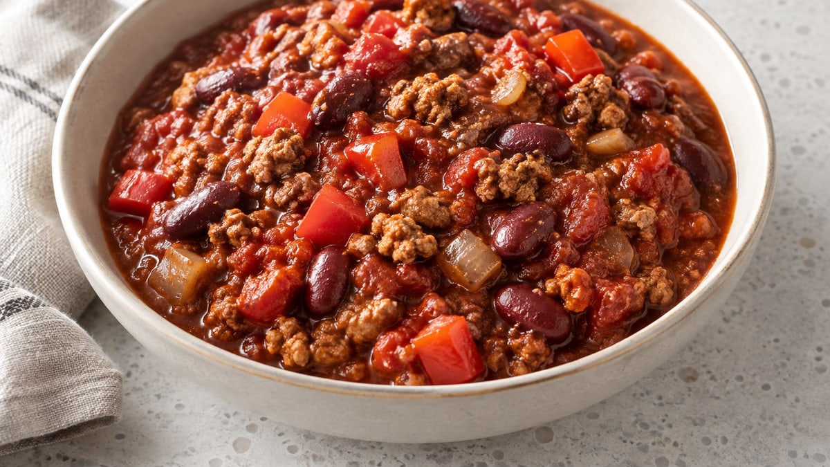 Lean Turkey Chili, cooked and served. A generated image, not a photograph.