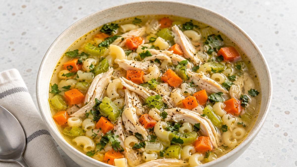 Roast chicken soup, AI-generated serving suggestion.