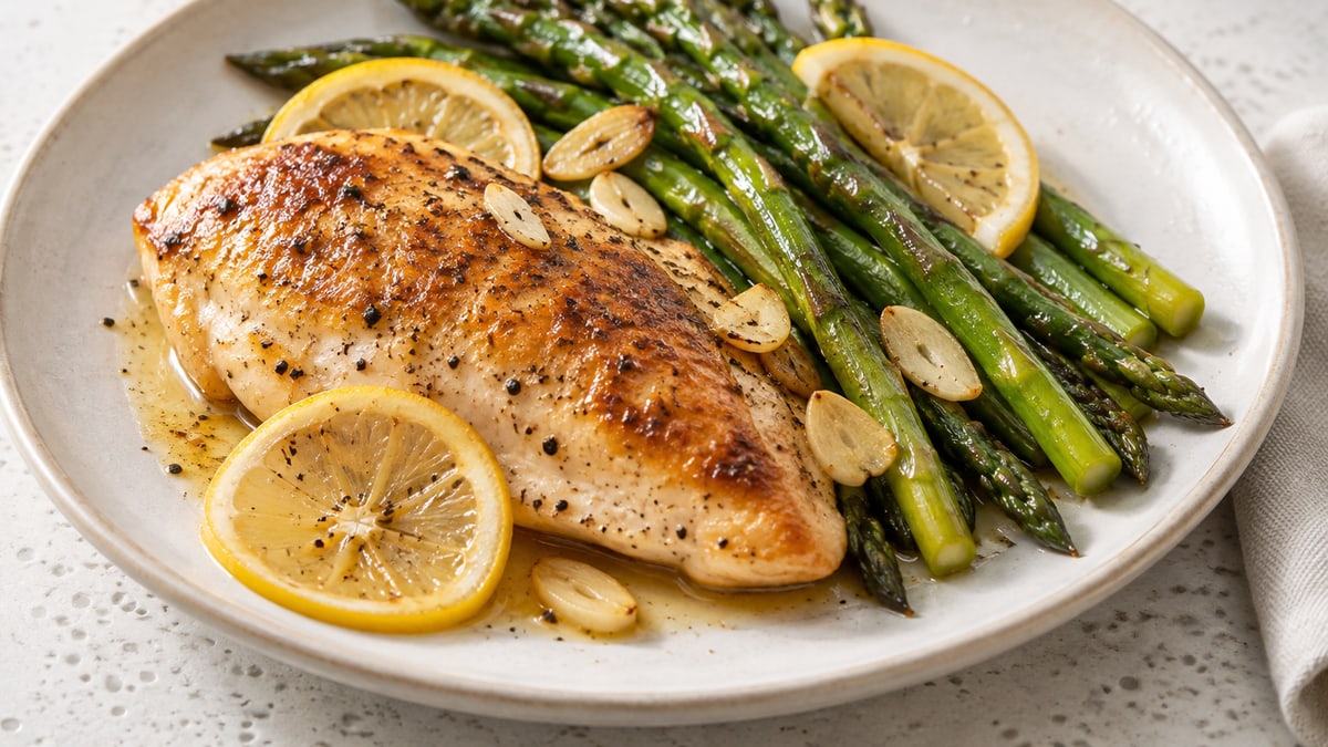 Lemon garlic chicken with asparagus. AI-generated serving suggestion.