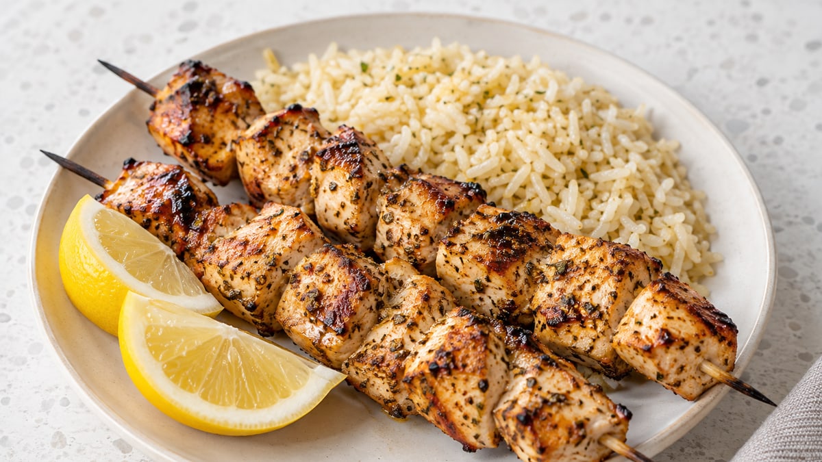 Mediterranean Chicken Skewers, cooked and served. A generated image, not a photograph.