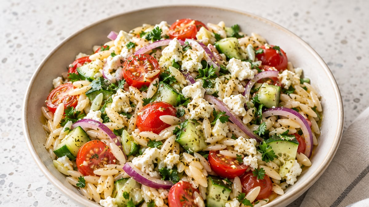 Mediterranean Orzo Salad, cooked and served. A generated image, not a photograph.