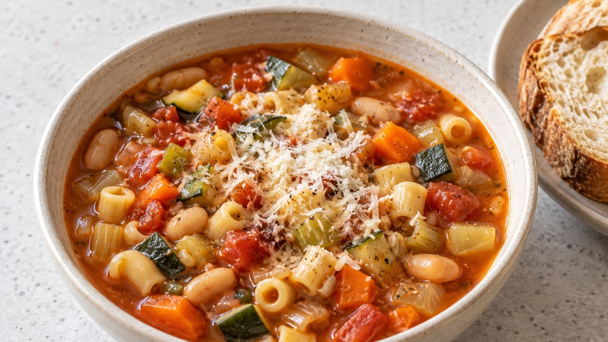 Minestrone, cooked and served. A generated image, not a photograph.