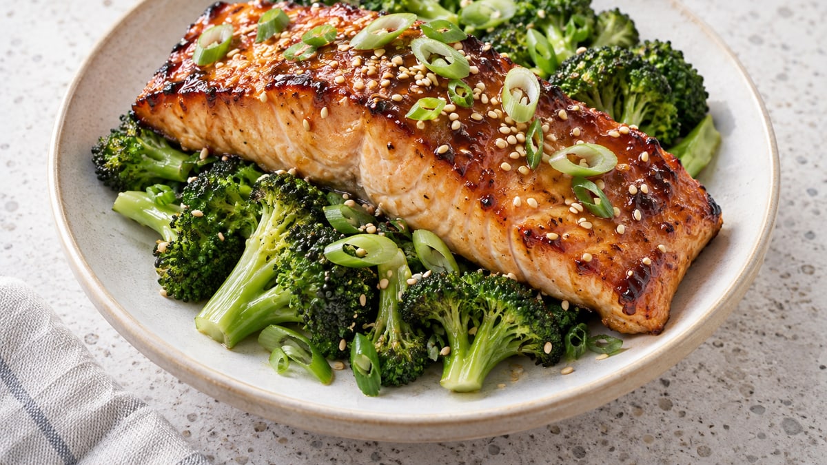 Miso-Glazed Salmon, cooked and served. A generated image, not a photograph.